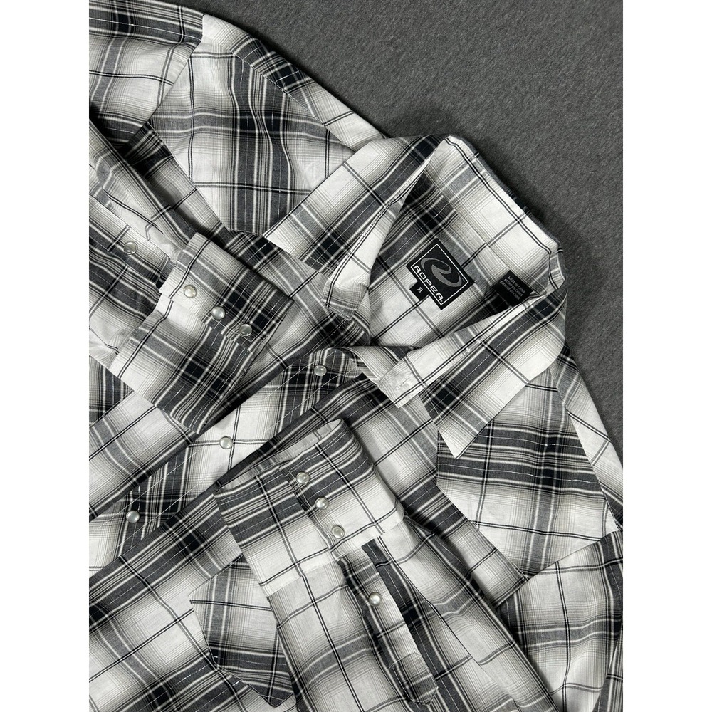 Roper Men's Long Sleeve Western Plaid Pearl Snap Shirt‎ Black and White XL